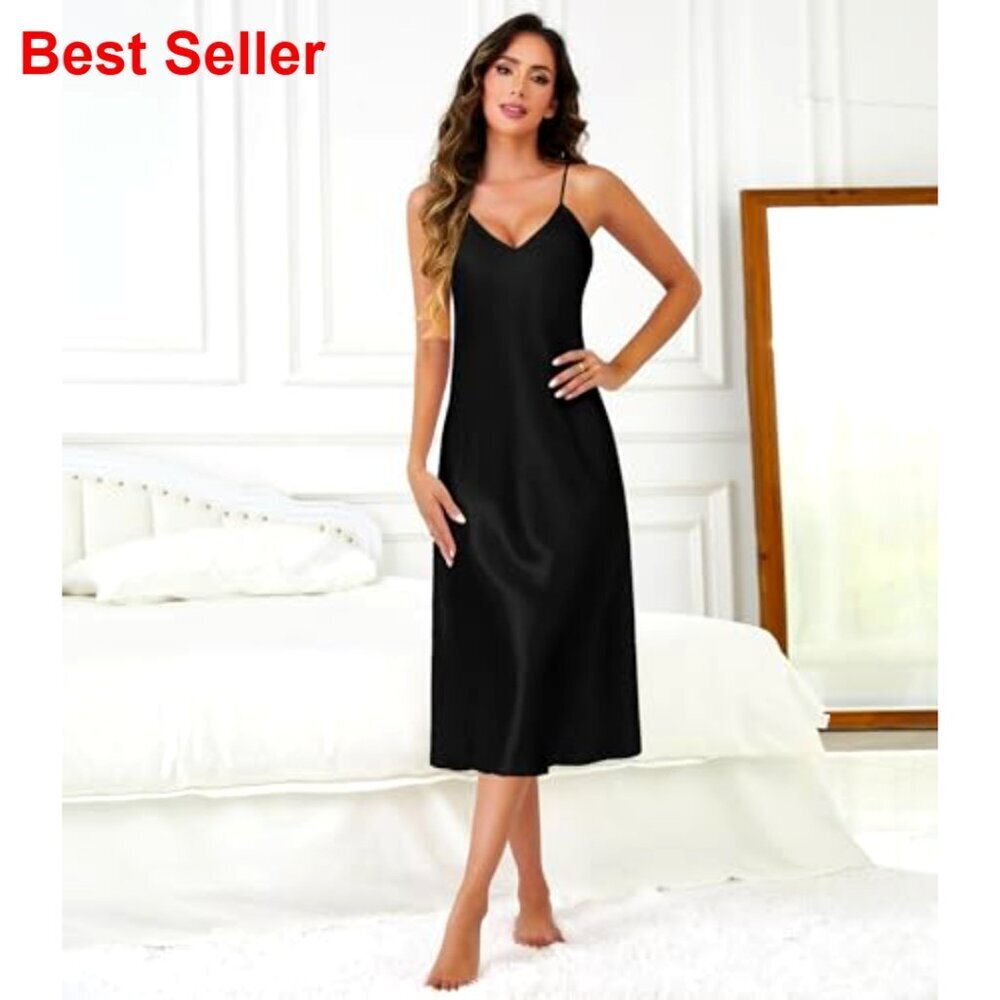 Long Satin Nightgown V-Neck Adjustable Straps Ruffle Hem Sleepwear - Picture 5 of 6